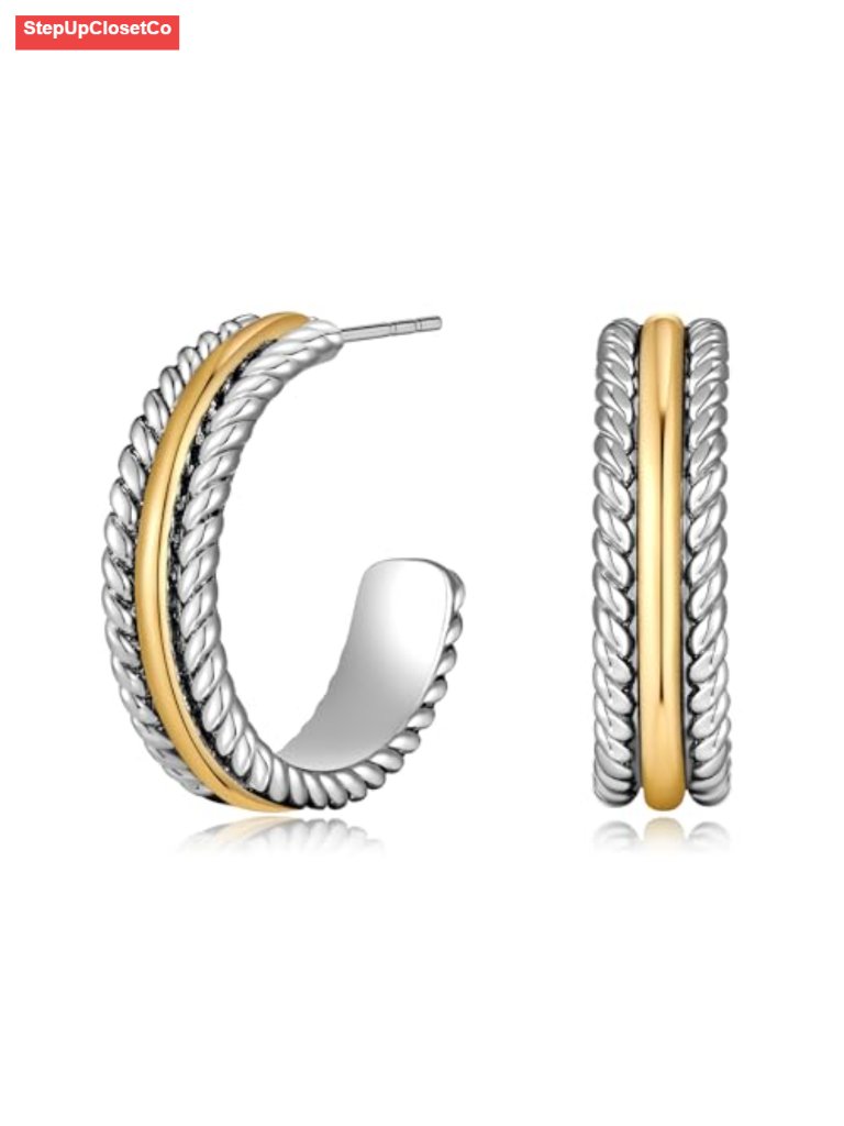 Gold Plated Twisted Rope Hoop Earrings For Women Statement C-Shaped Jewelry Gift